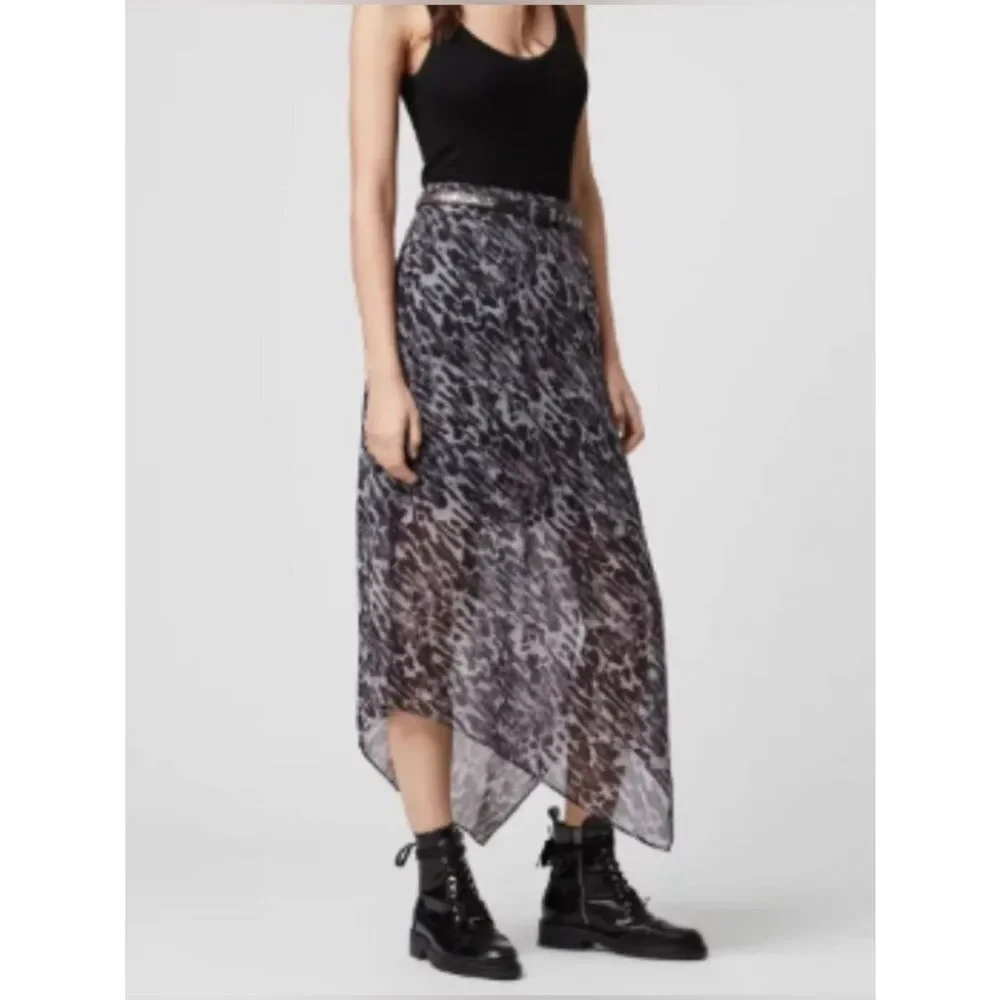 AllSaints Rhea animal print slip skirt.  Sheer Asymmetric Hem Black/Gray